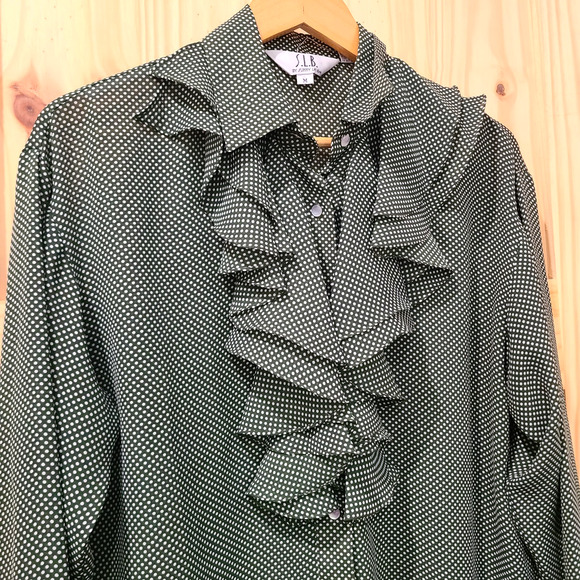 SLB Sunny Leigh Green Polka Dot Bell Sleeve Ruffle Button Up Top Coquette Size M - Picture 2 of 10